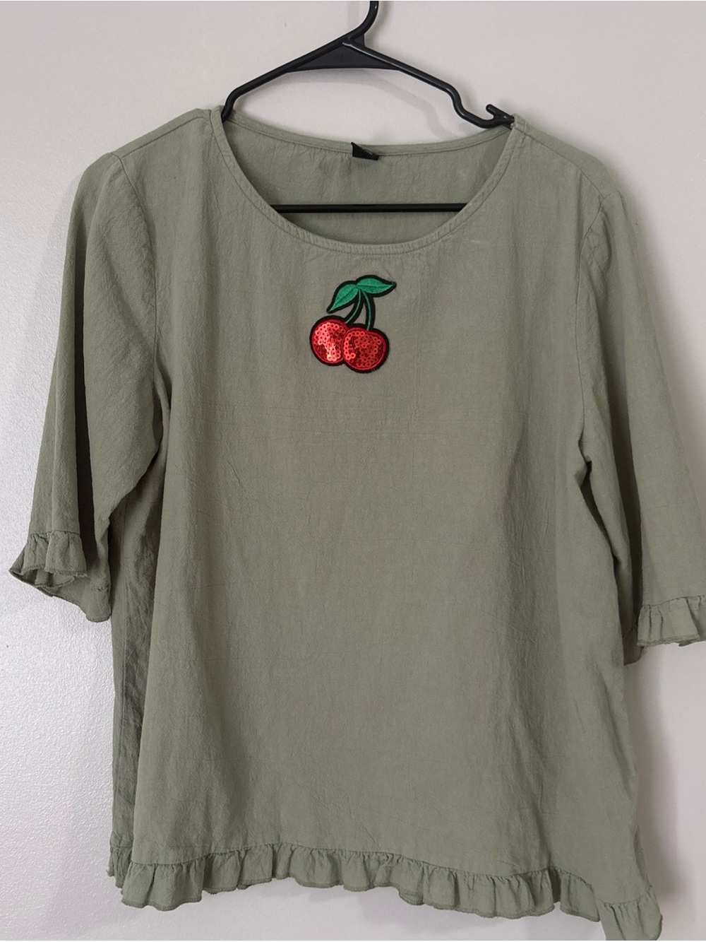 Olive Green Ruffle-Hem Blouse with Cherry Patch upcycled